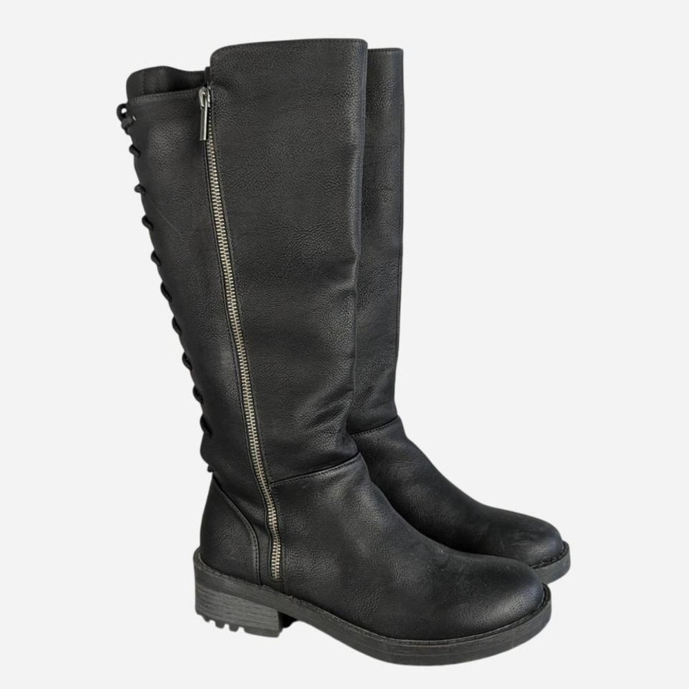 Kensie Dermott Back Lace-Up Knee High Riding Boot Black Size 8.5